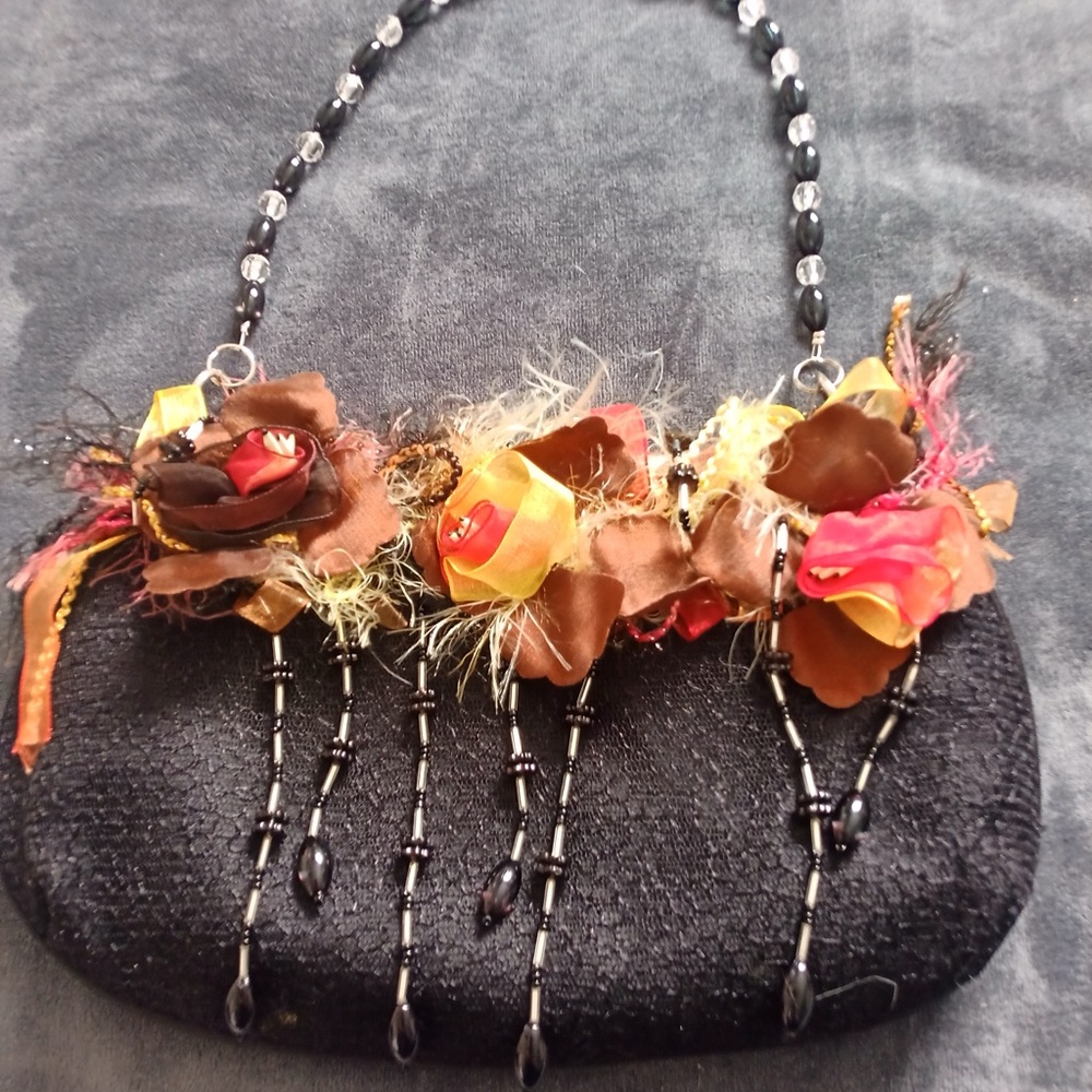Chic Black and Red Mini Bag with Floral Accents